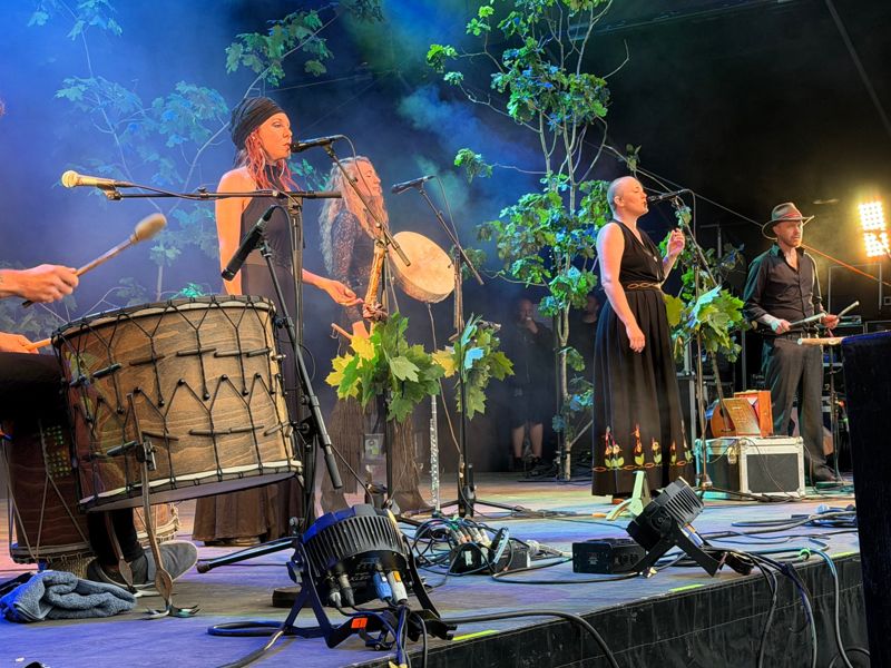 Folkemusikere med trommer og grønne greiner på scenen